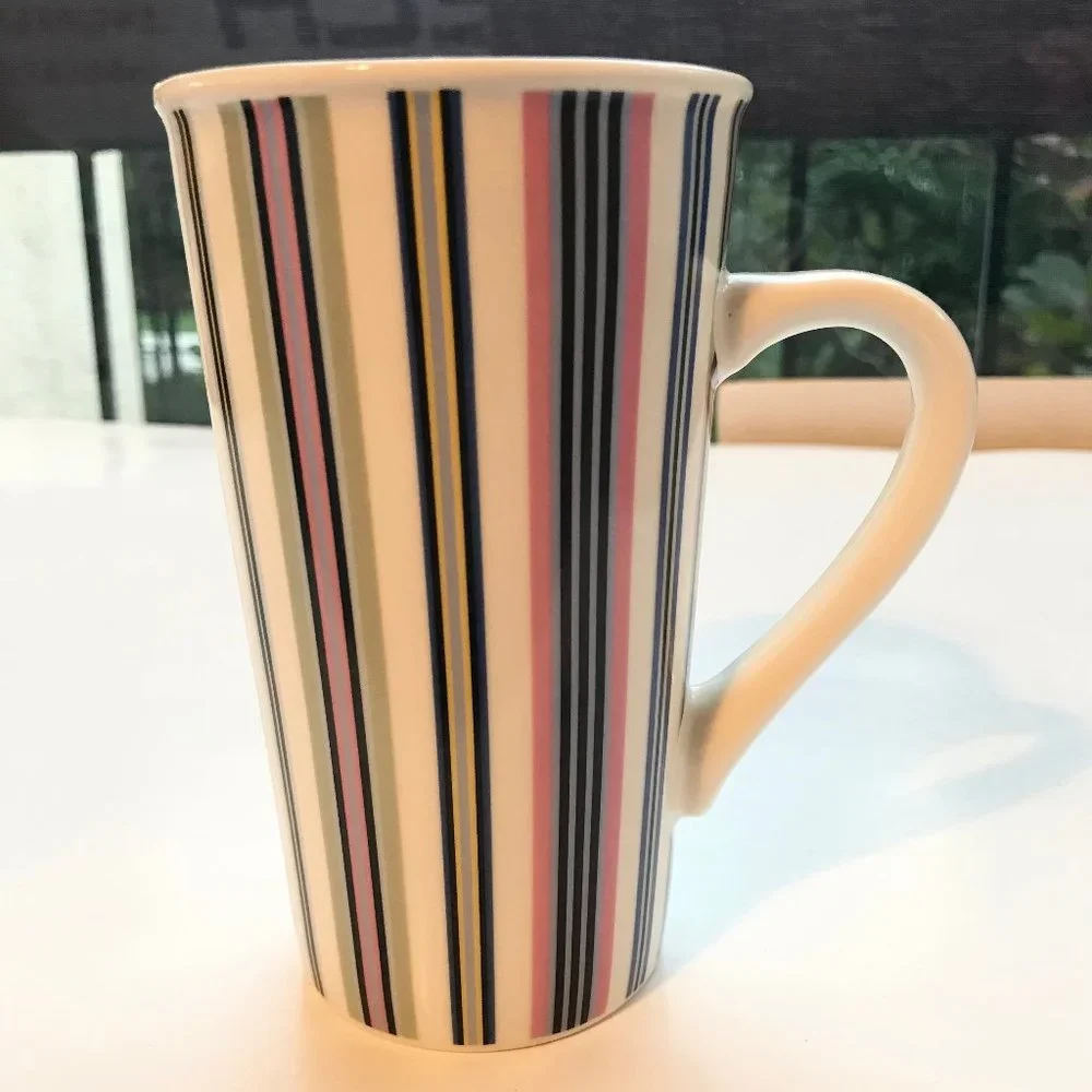 Starbucks Tall Ceramic Candy Striped Coffee Mug Cup Green Pink Blue Yellow